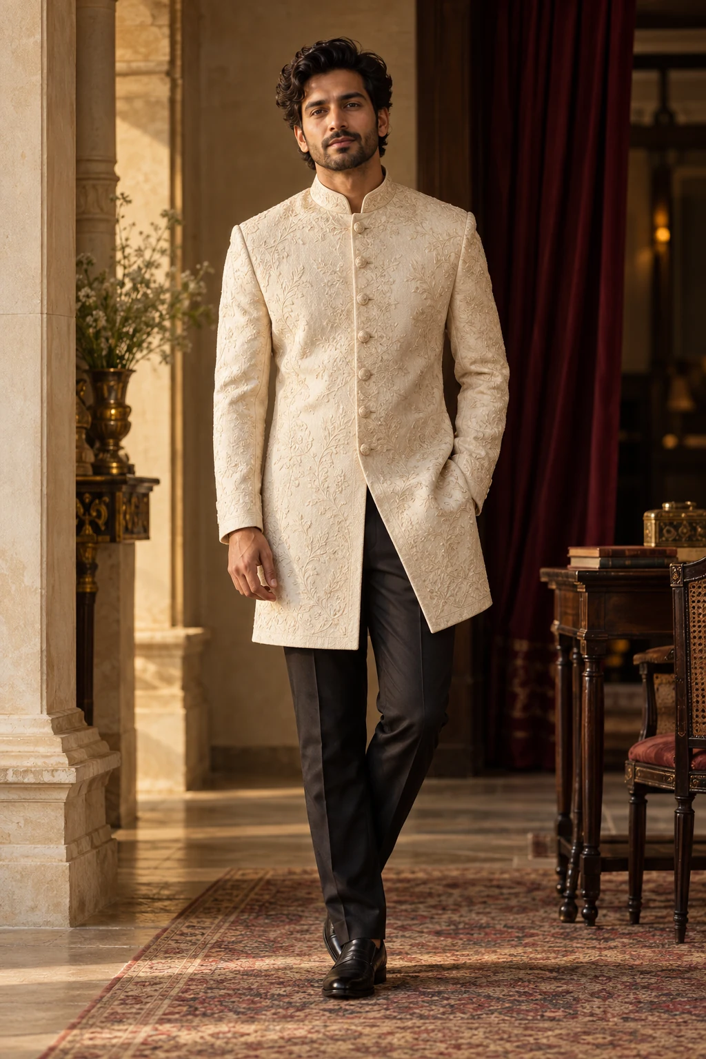 Illustrative portrait of an Indian man wearing an ivory achkan
