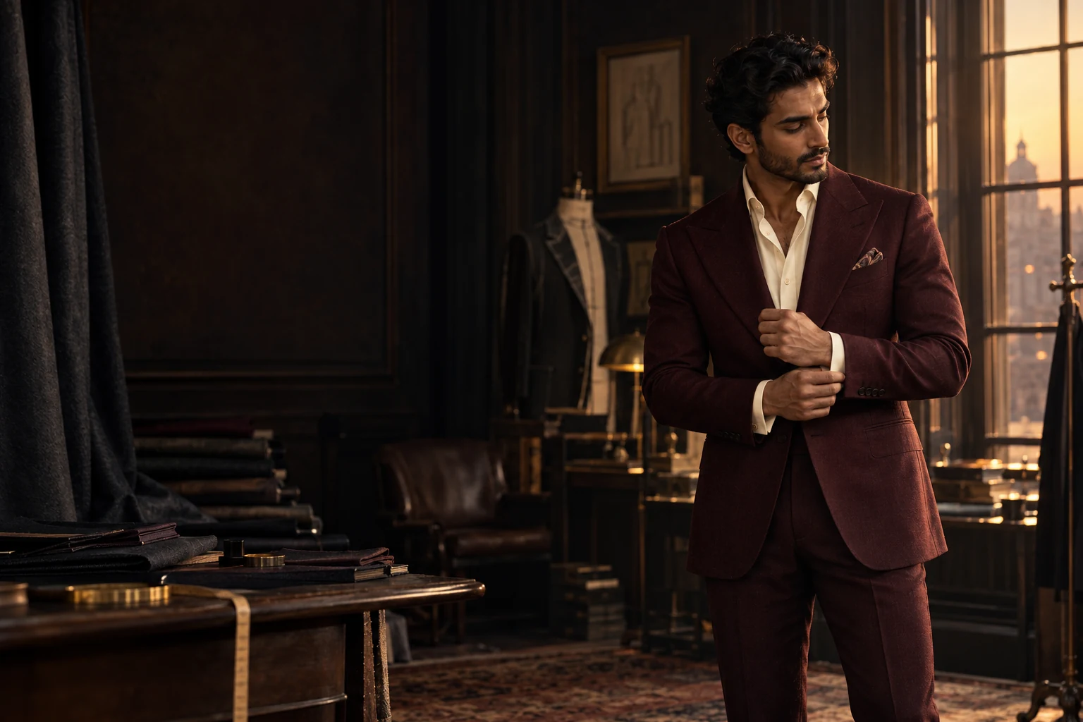 Illustrative portrait of an Indian man in a tailored oxblood western suit